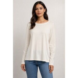 Eileen Fisher Size Small Long Sleeve Stretch Tencel Jersey Top Ivory Boat Neck